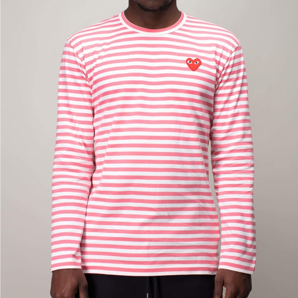 Comme des Garcons PLAY Pink and White Striped Long Sleeve Tee